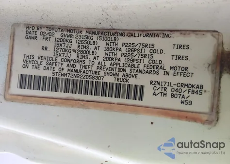 2002 Toyota Tacoma из США, поврежденный, VIN 5TEWM72N22Z058307